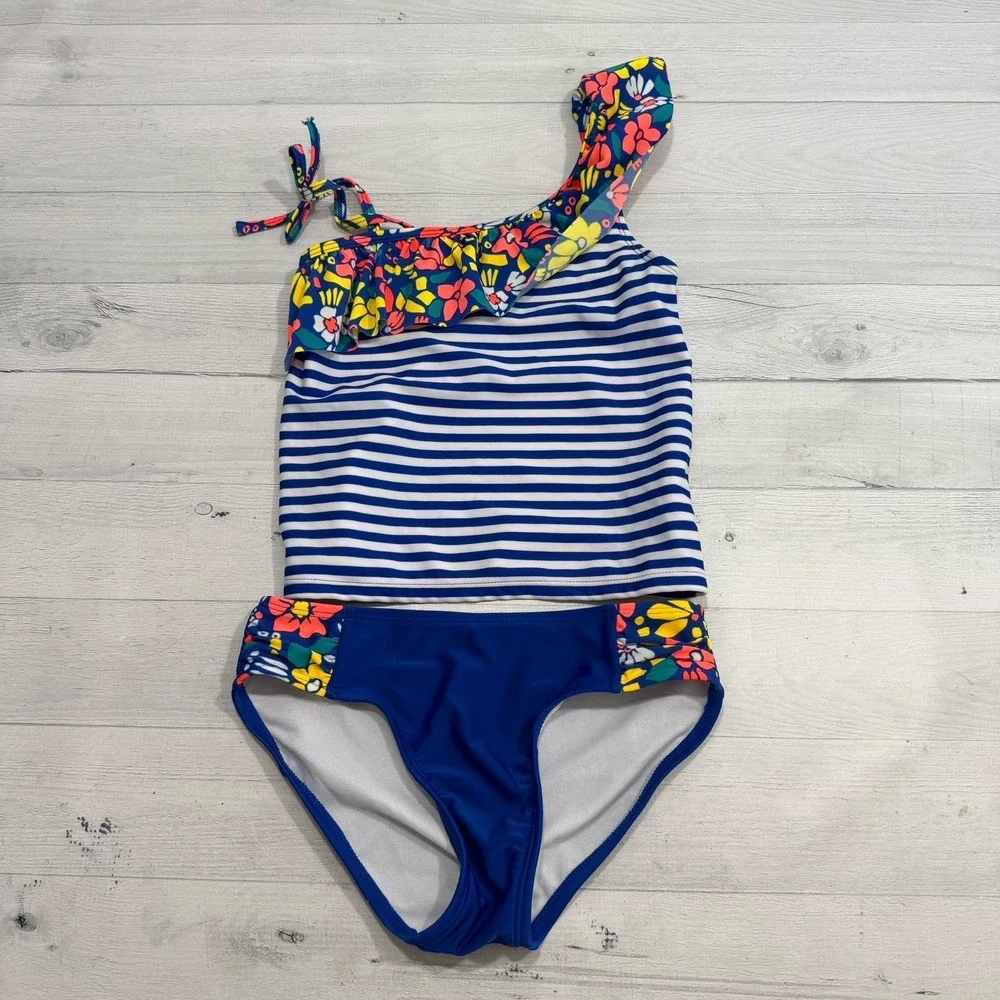 Cat &‎ Jack girls blue stripes with flowers two piece tankini swimsuit 7/8